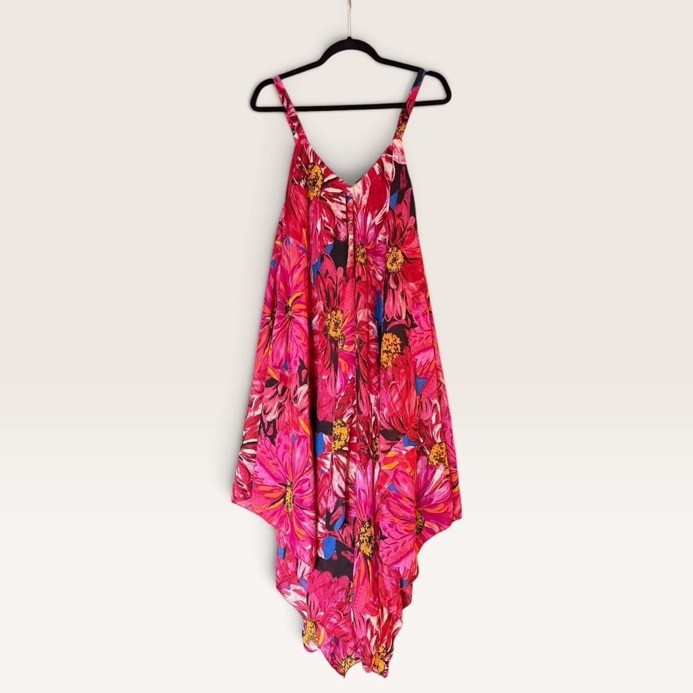 Mlle Gabrielle Pink Floral Handkerchief Hem Midi Dress Small V-Neck Boho - Picture 2 of 8